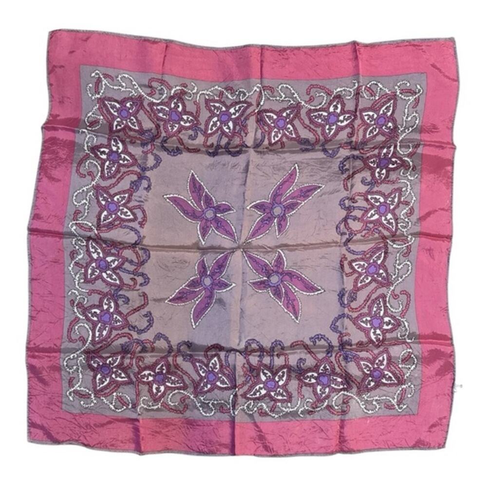 Henryson Vintage Floral Square Scarf Pink Purple Silky Acetate 27”